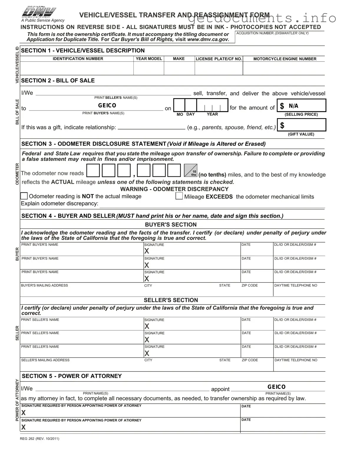 Official California Fotm Reg 262 Form
