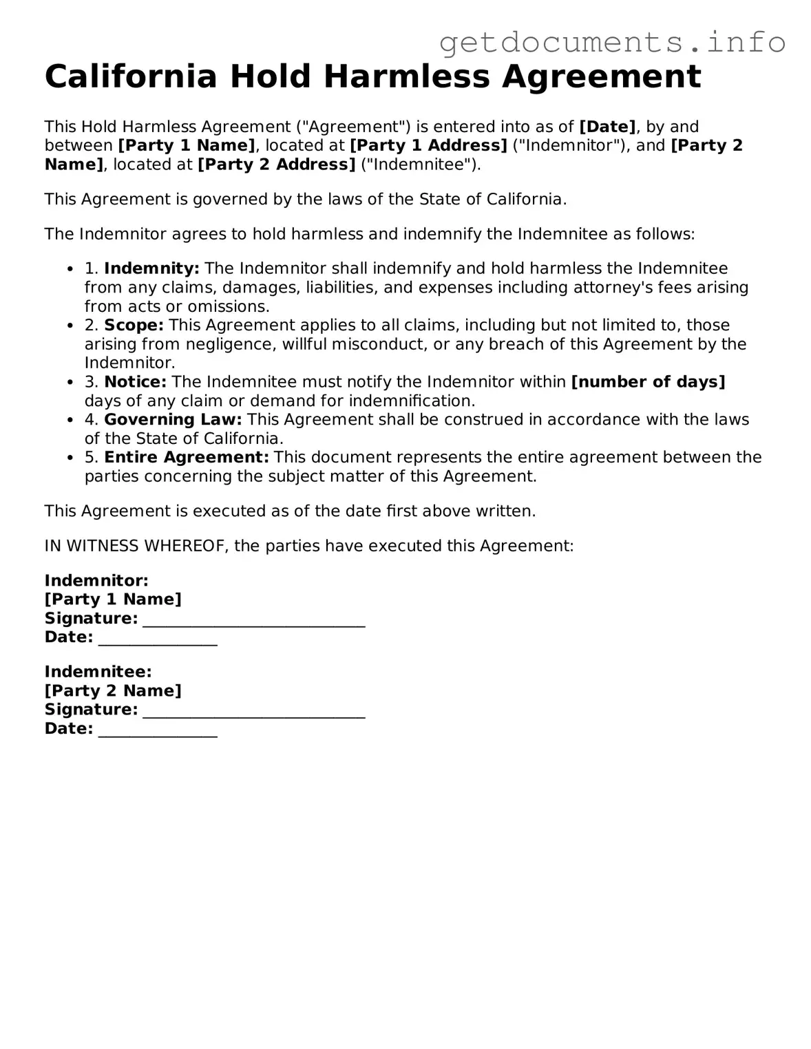 Free Hold Harmless Agreement Template for California