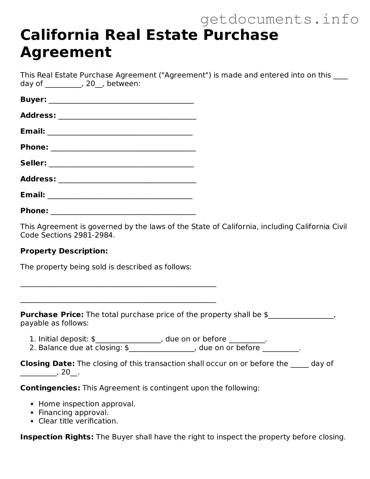 Free Real Estate Purchase Agreement Template for California