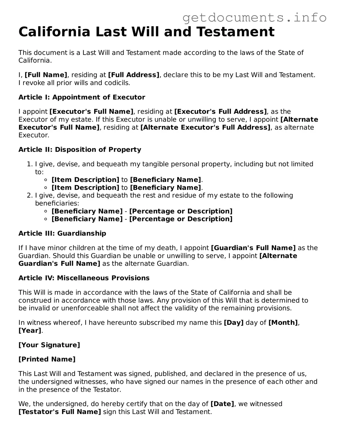 Free Last Will and Testament Template for California