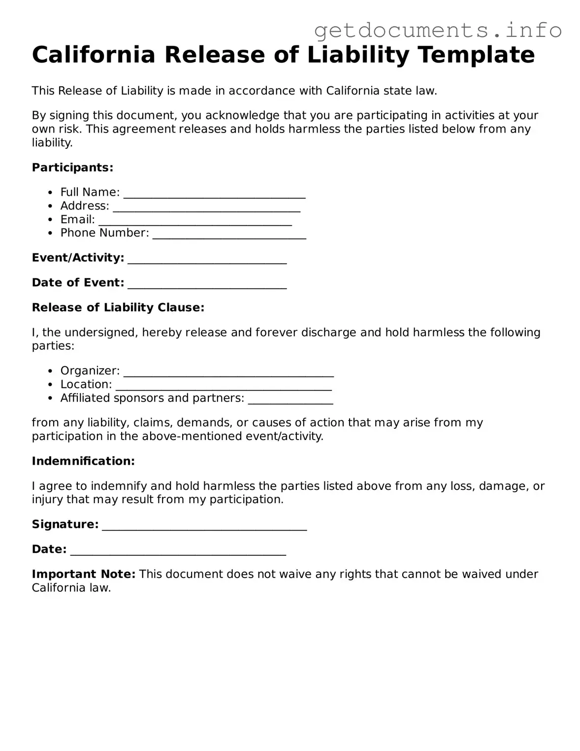 Free Release of Liability Template for California