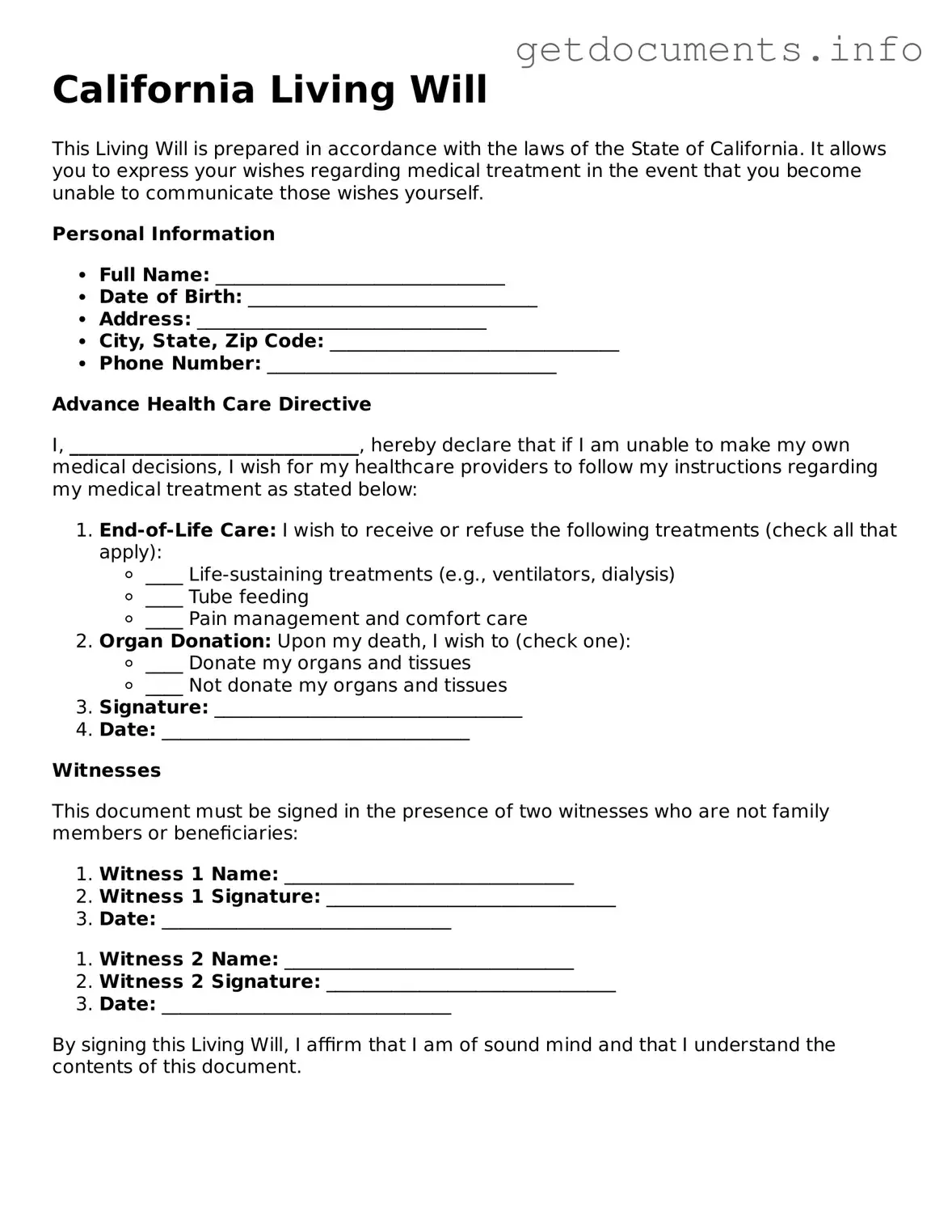 Free  Living Will Template for California