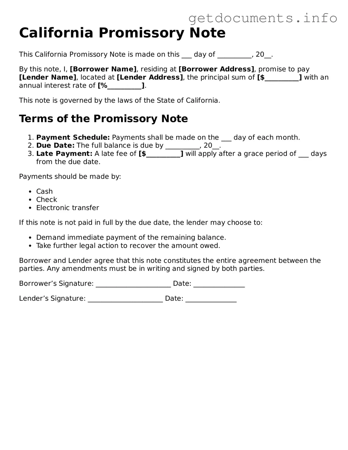 Free Promissory Note Template for California