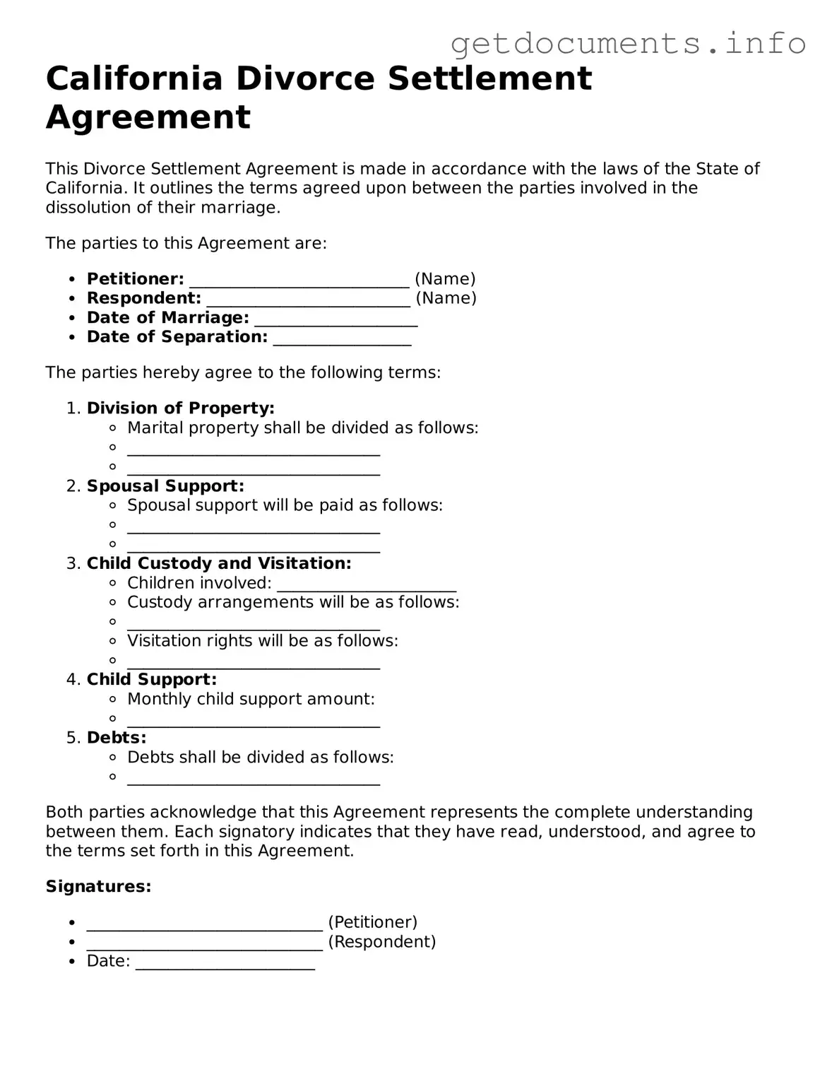 Free Divorce Settlement Agreement Template for California