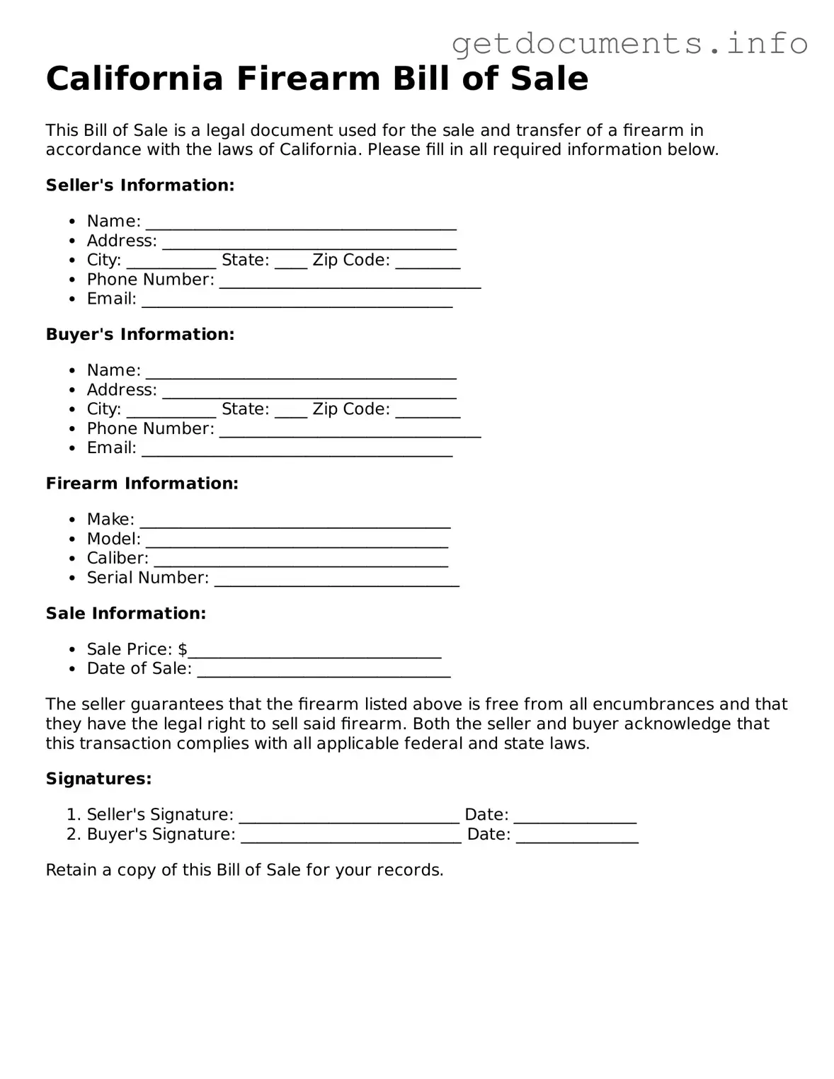 Free  Firearm Bill of Sale Template for California