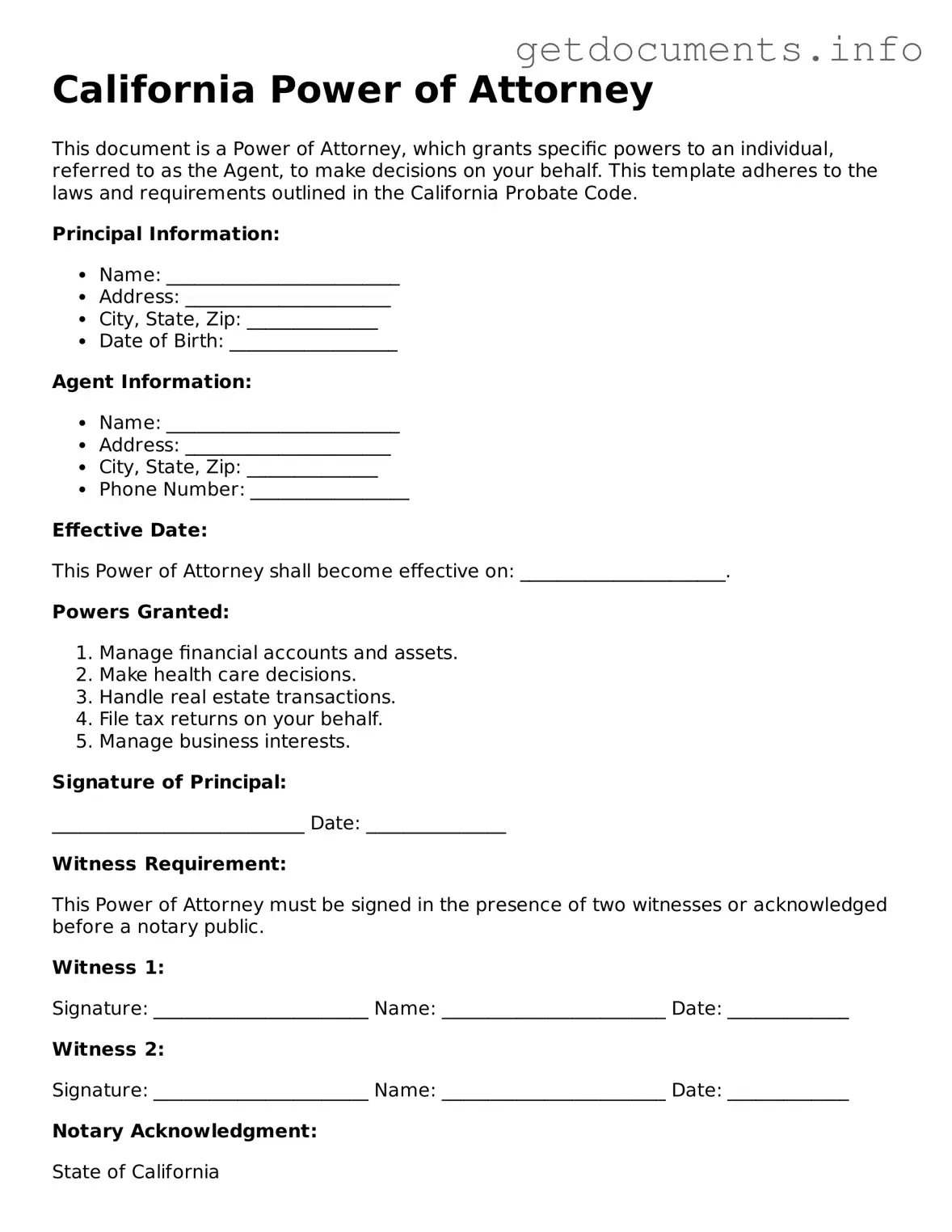 Free Power of Attorney Template for California