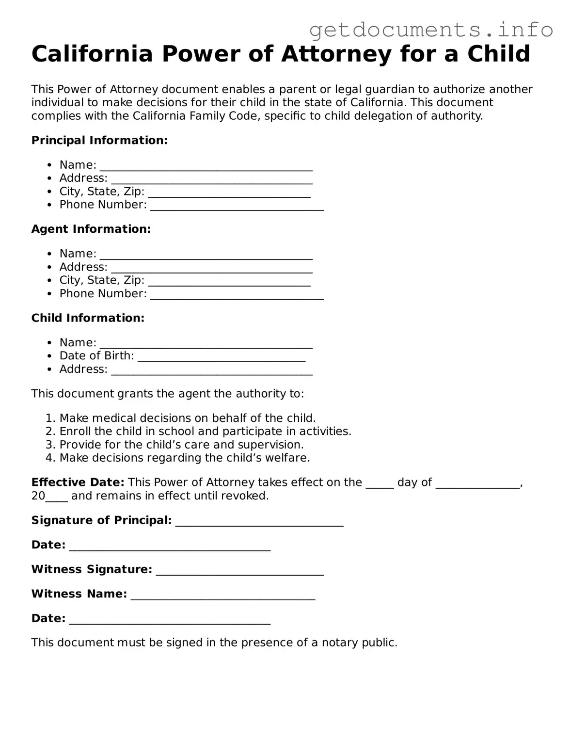 Free Power of Attorney for a Child Template for California