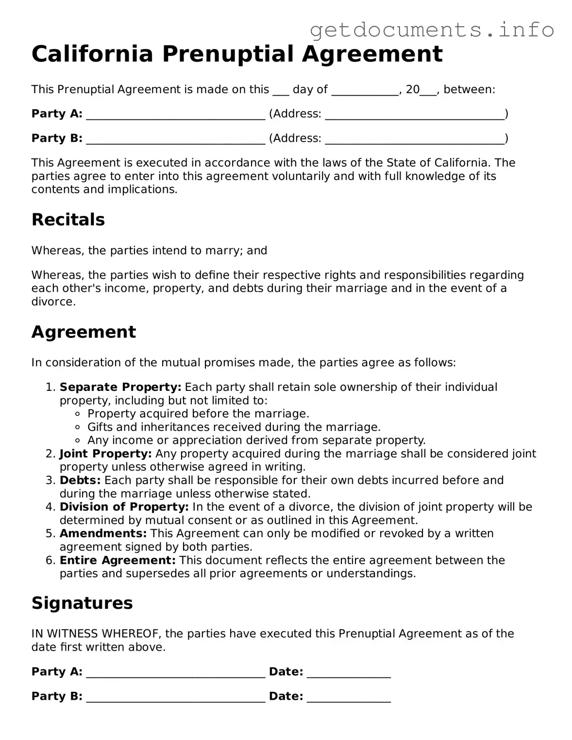 Free Prenuptial Agreement Template for California
