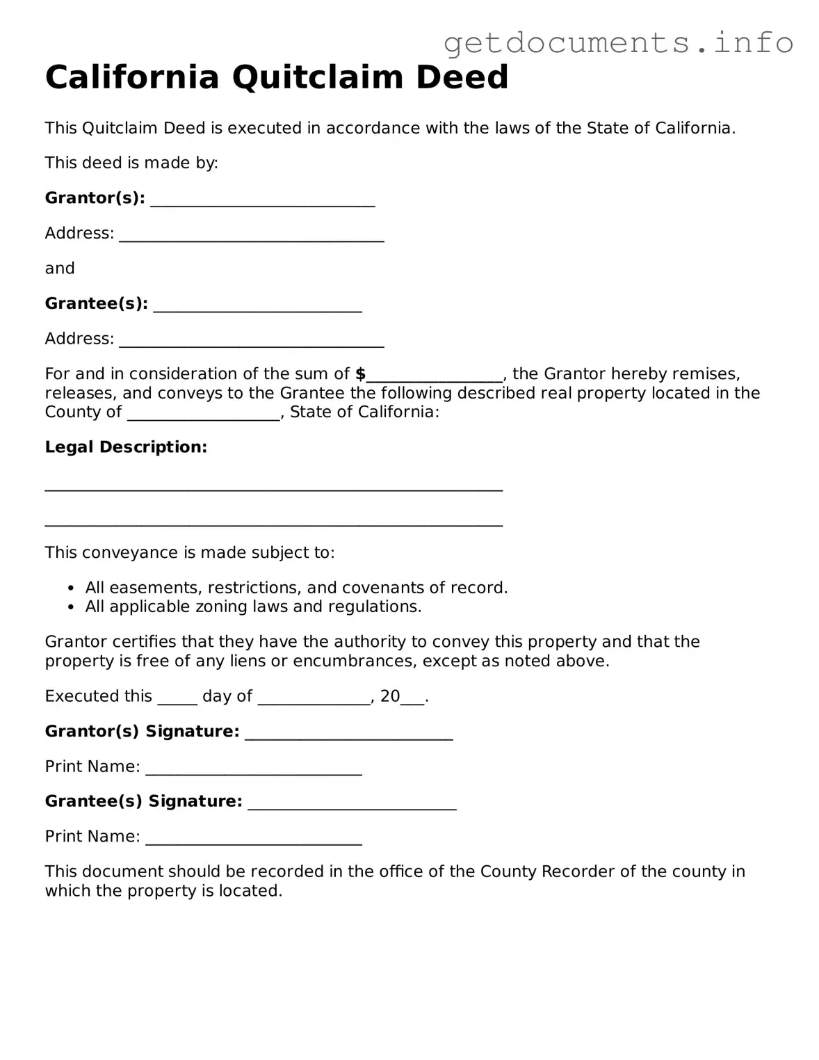 Free  Quitclaim Deed Template for California