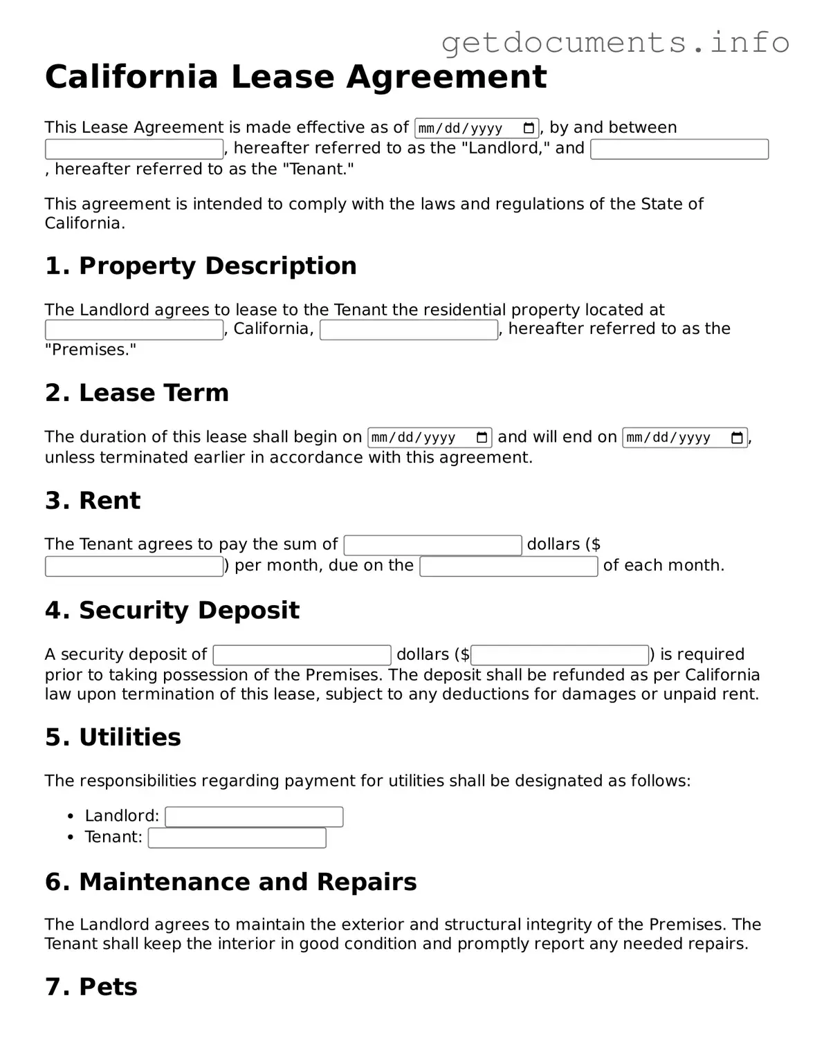 Free Lease Agreement Template for California