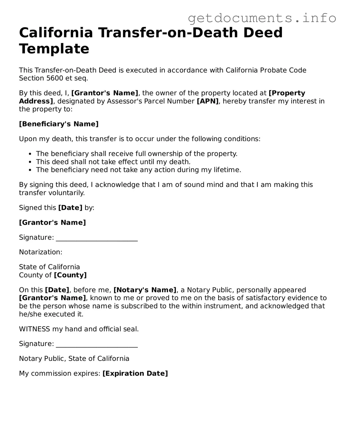 Free Transfer-on-Death Deed Template for California