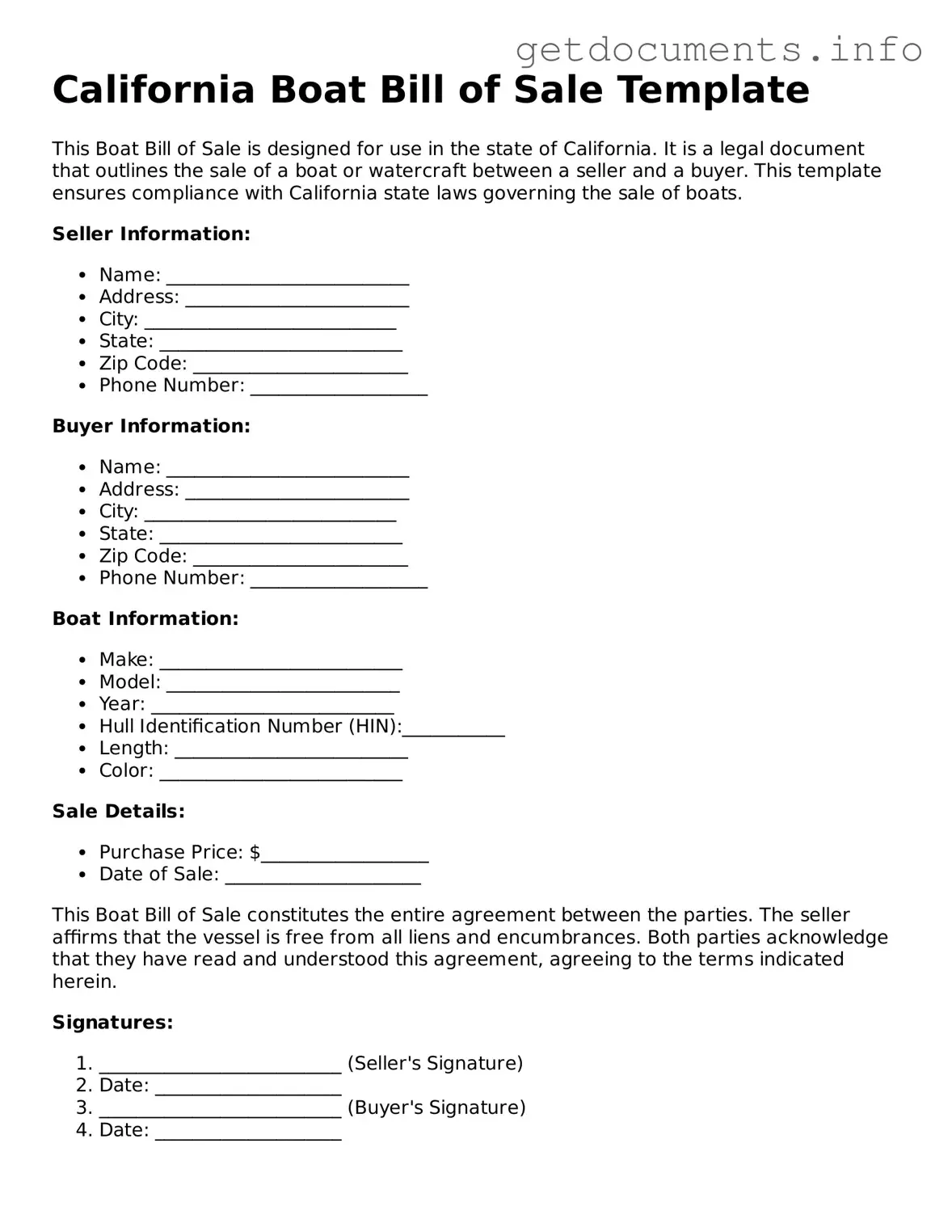 Free  Boat Bill of Sale Template for California