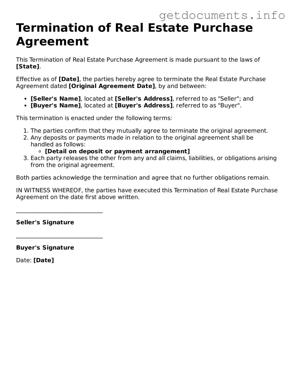 Printable Termination of Real Estate Purchase Agreement Document