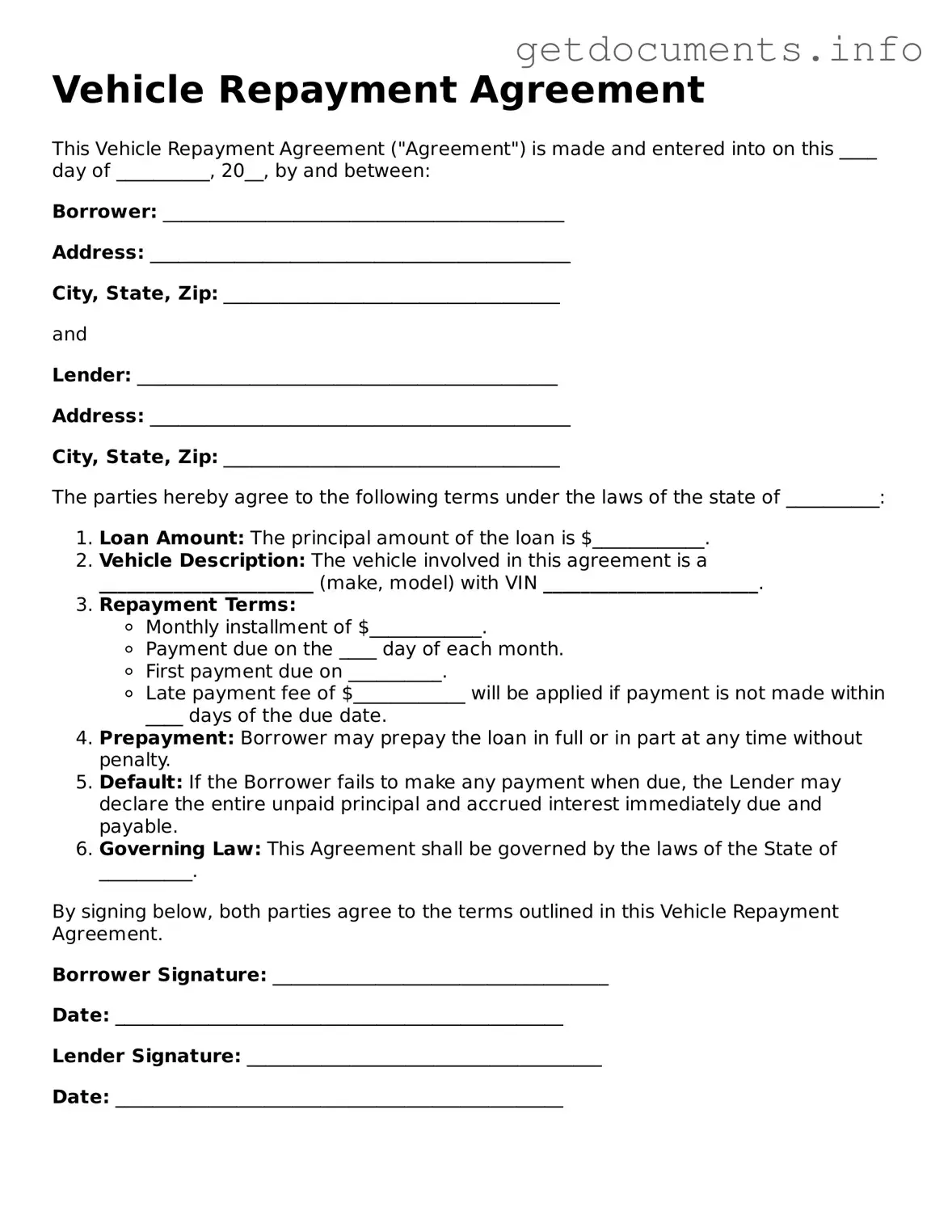 Printable Vehicle Repayment Agreement Document