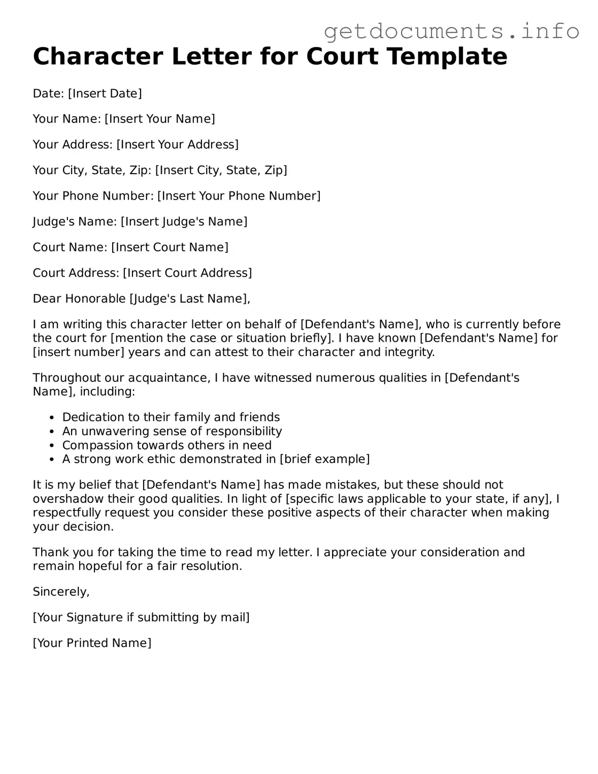 Printable Character Letter for Court Document