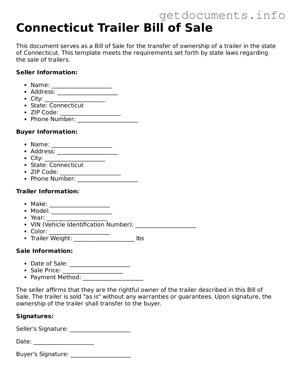 Free  Trailer Bill of Sale Template for Connecticut