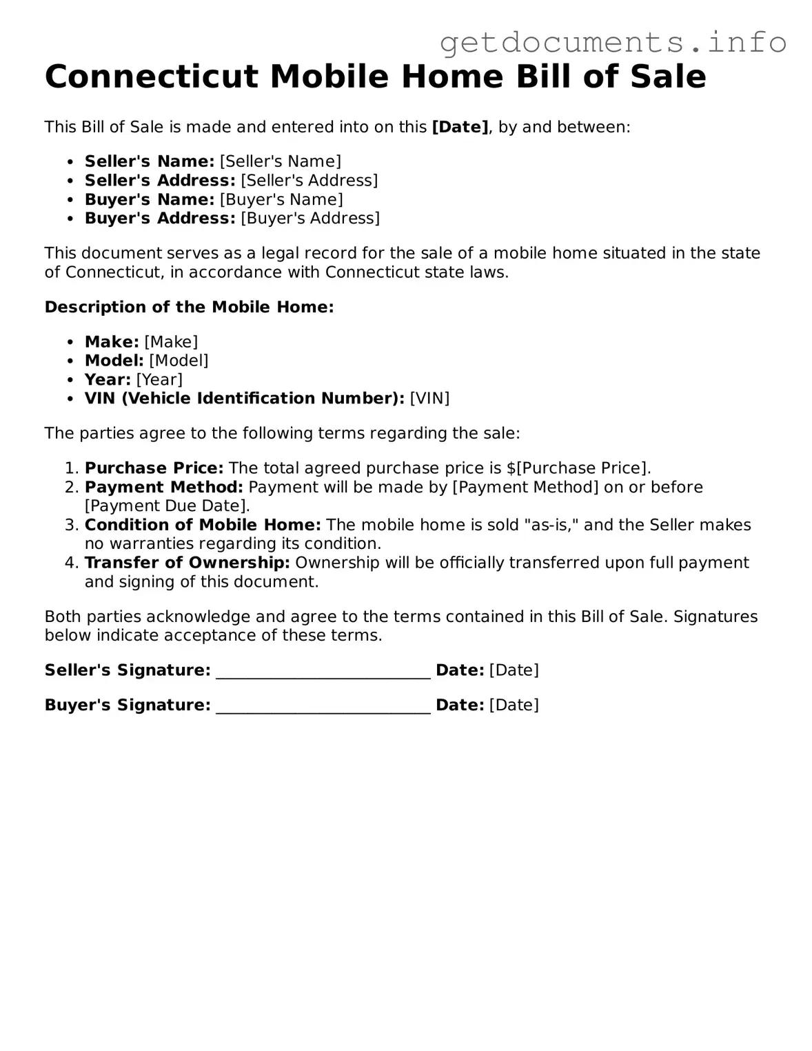 Free Mobile Home Bill of Sale Template for Connecticut