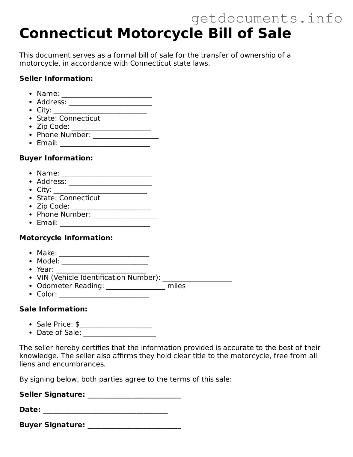 Free Motorcycle Bill of Sale Template for Connecticut