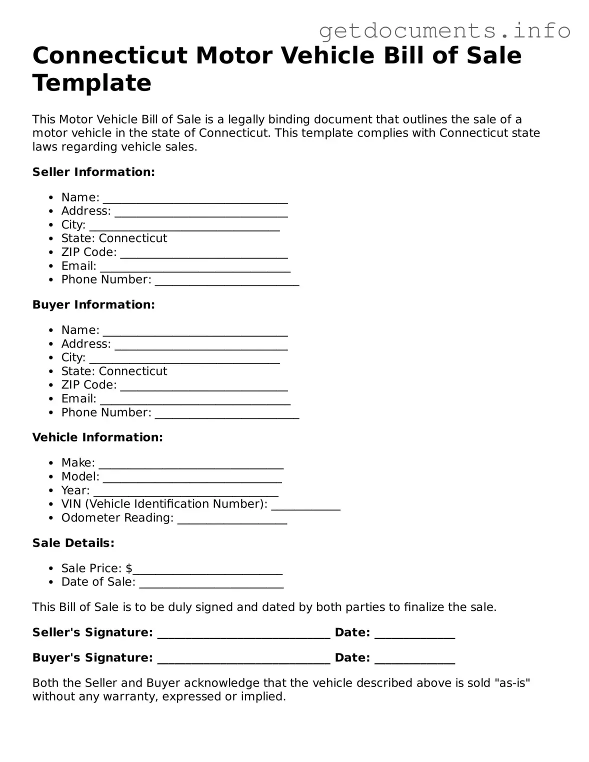 Free Motor Vehicle Bill of Sale Template for Connecticut