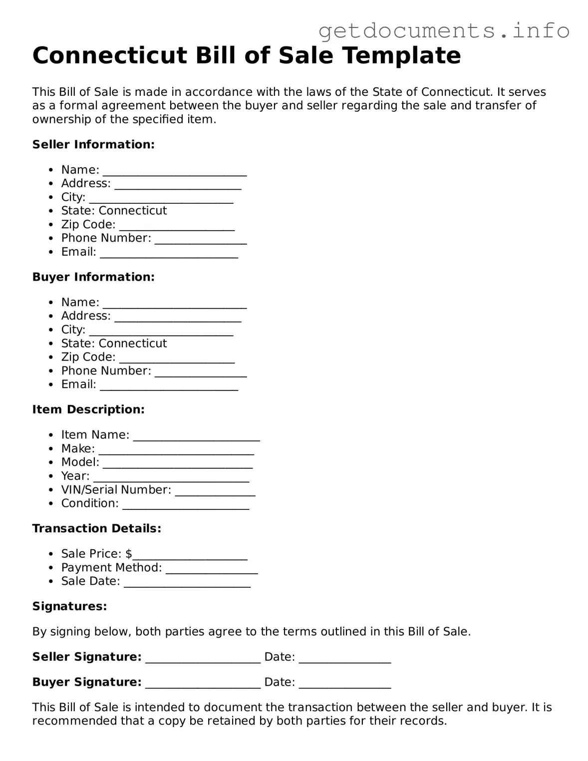 Free Bill of Sale Template for Connecticut
