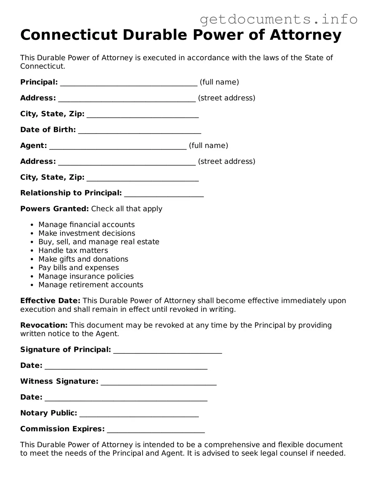 Free Durable Power of Attorney Template for Connecticut