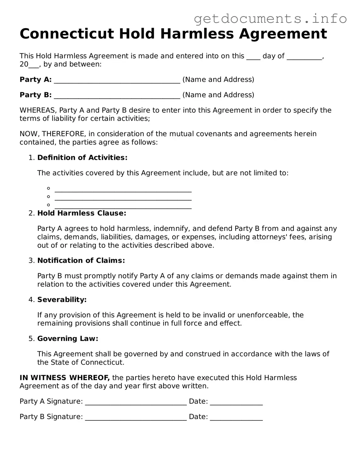 Free  Hold Harmless Agreement Template for Connecticut