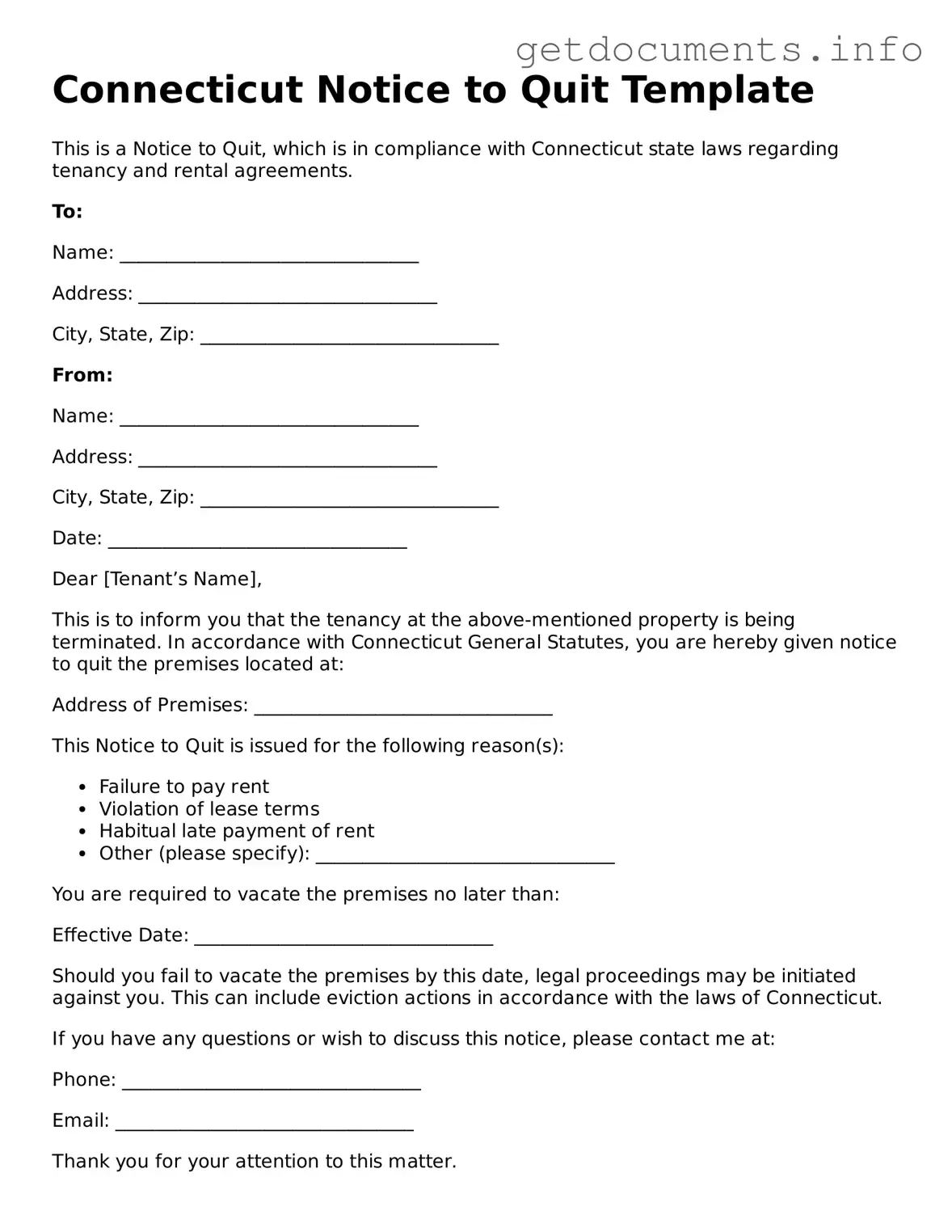 Free  Notice to Quit Template for Connecticut