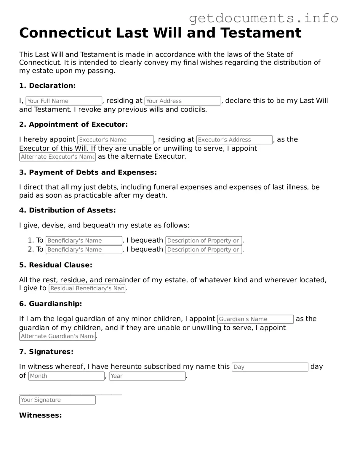 Free Last Will and Testament Template for Connecticut