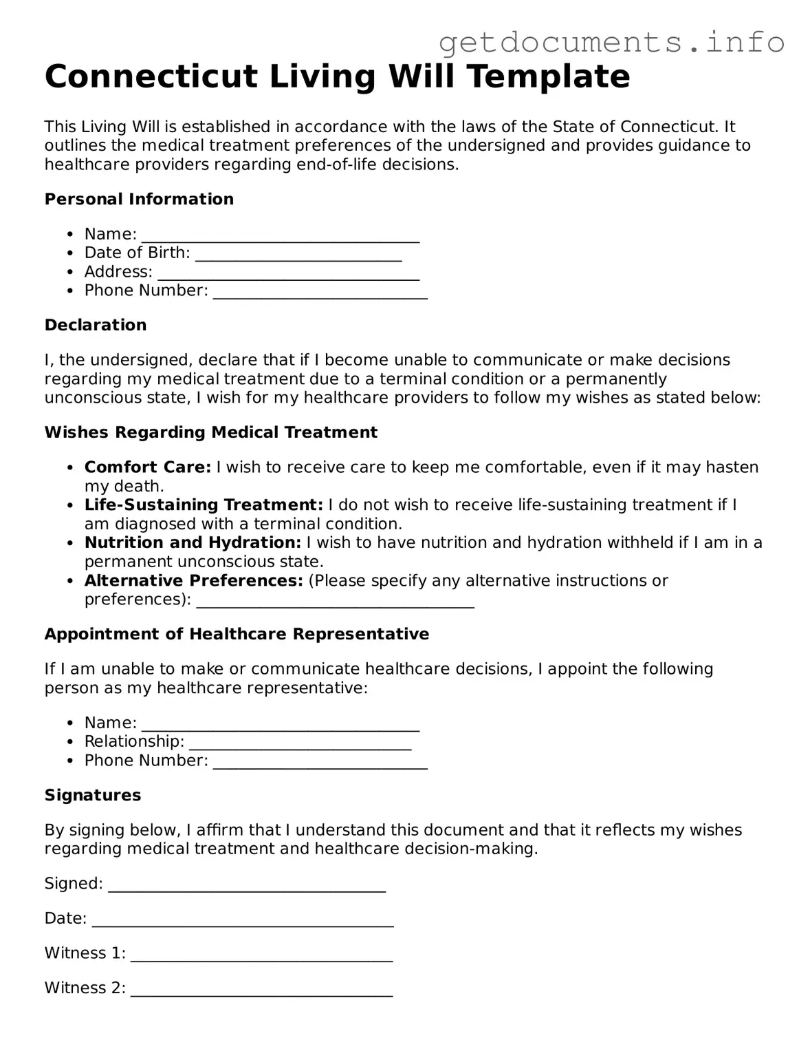 Free Living Will Template for Connecticut