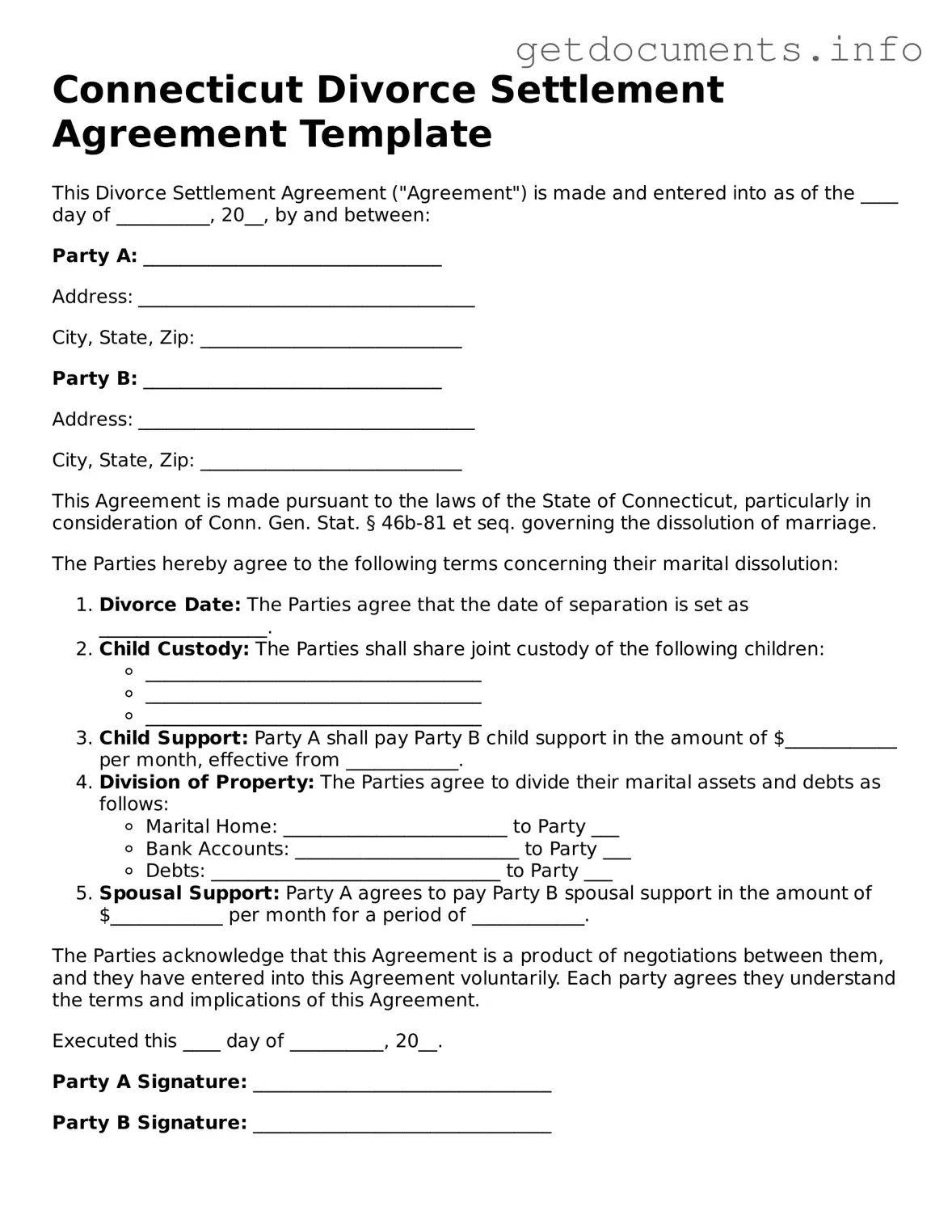 Free Divorce Settlement Agreement Template for Connecticut