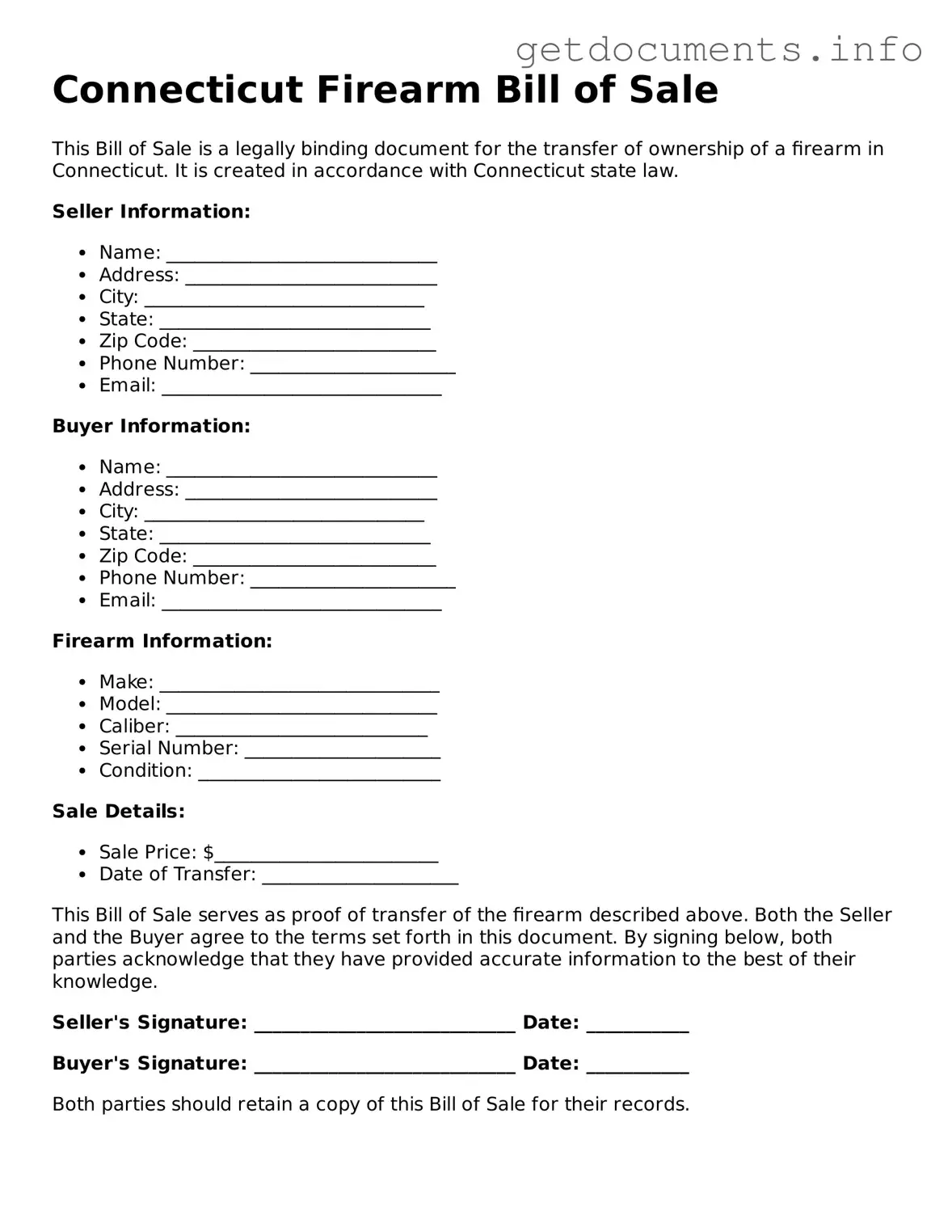 Free Firearm Bill of Sale Template for Connecticut