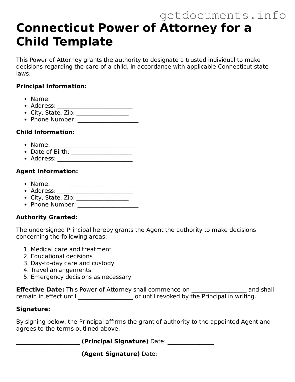 Free Power of Attorney for a Child Template for Connecticut