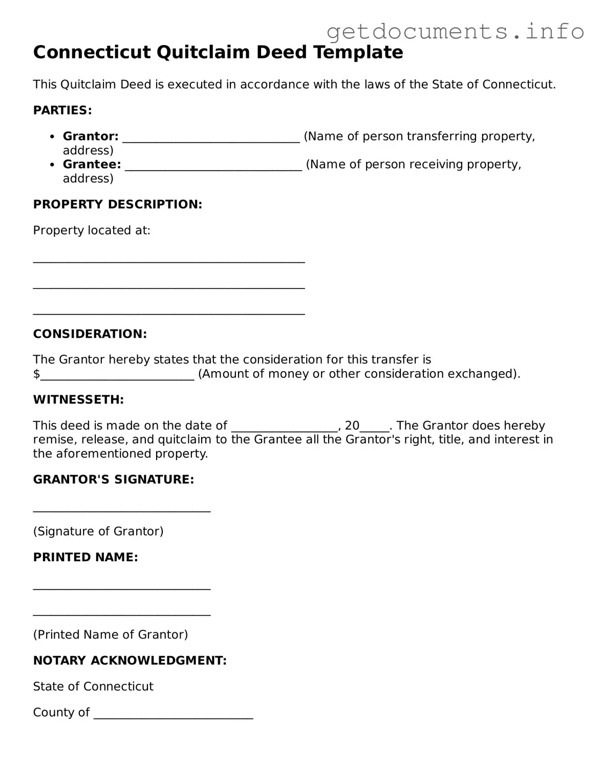 Free Quitclaim Deed Template for Connecticut