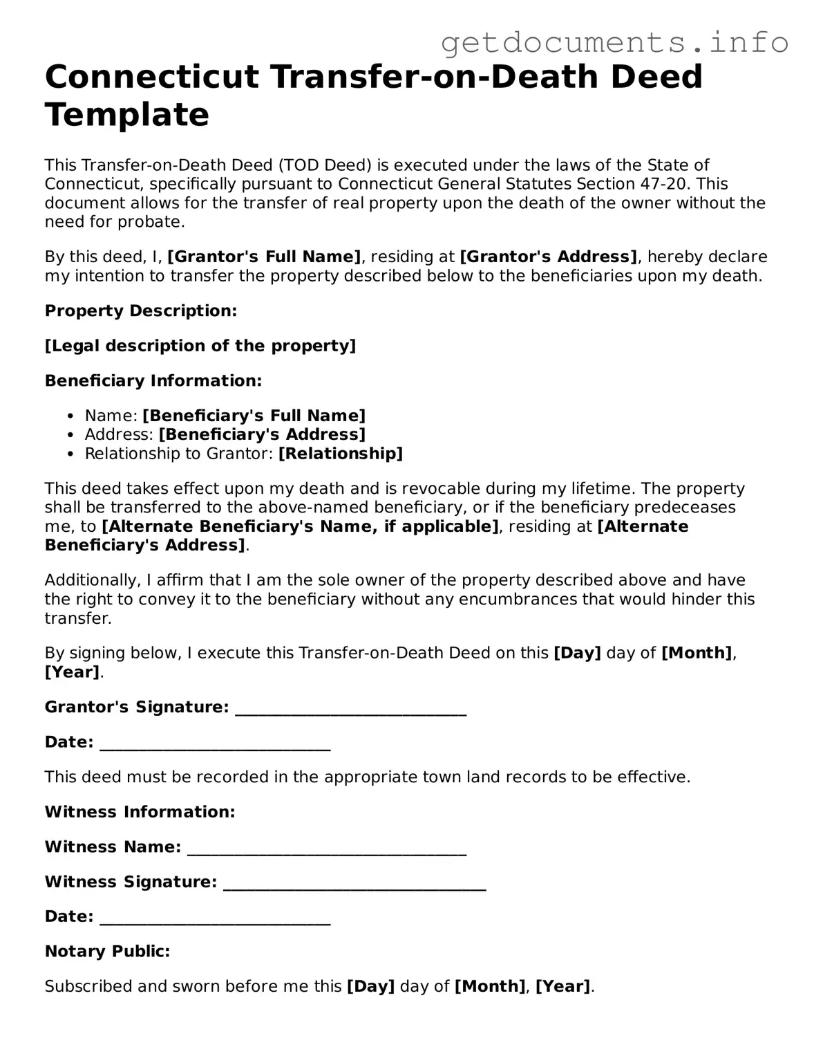 Free Transfer-on-Death Deed Template for Connecticut
