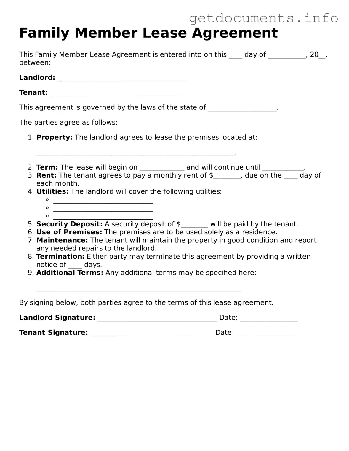 Printable Family Member Lease Agreement Document
