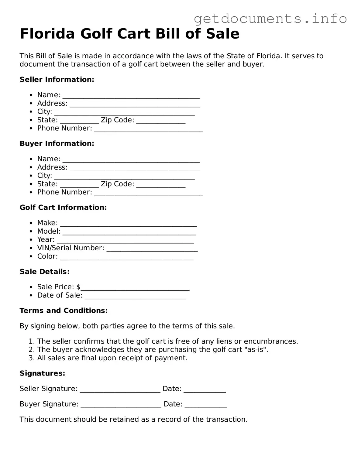 Free Golf Cart Bill of Sale Template for Florida