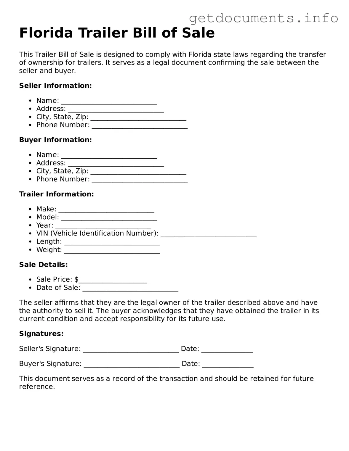 Free Trailer Bill of Sale Template for Florida