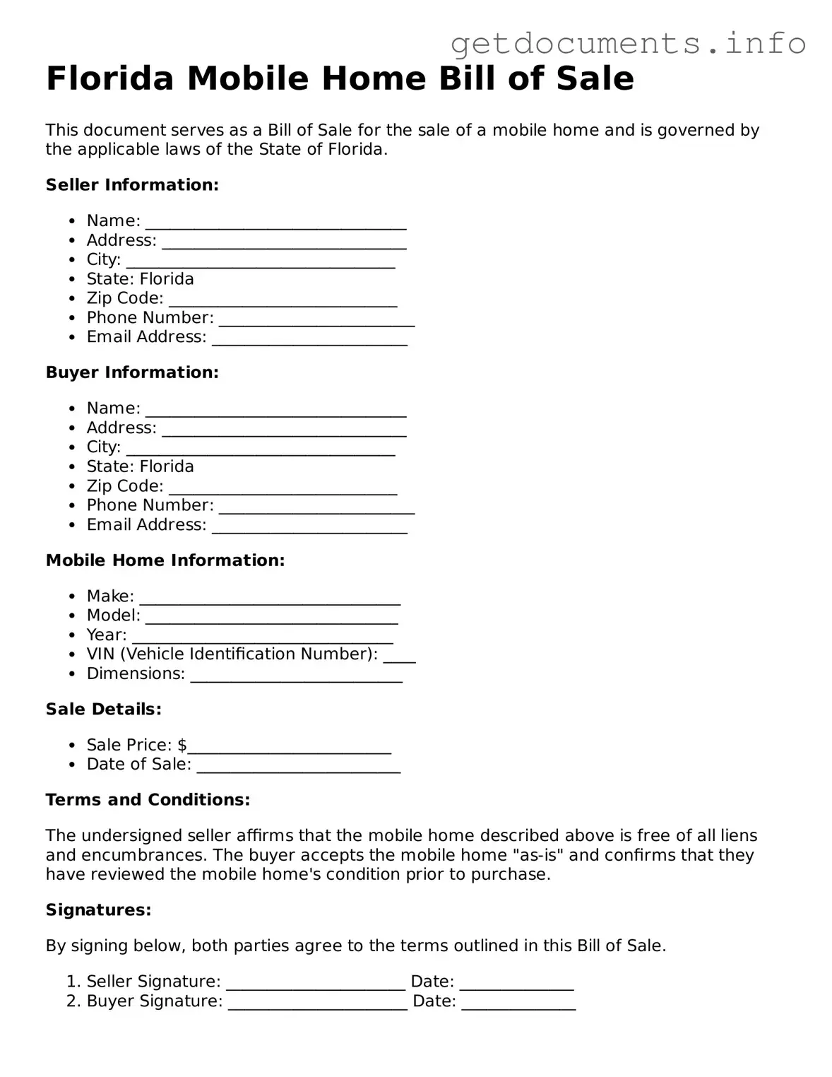 Free Mobile Home Bill of Sale Template for Florida