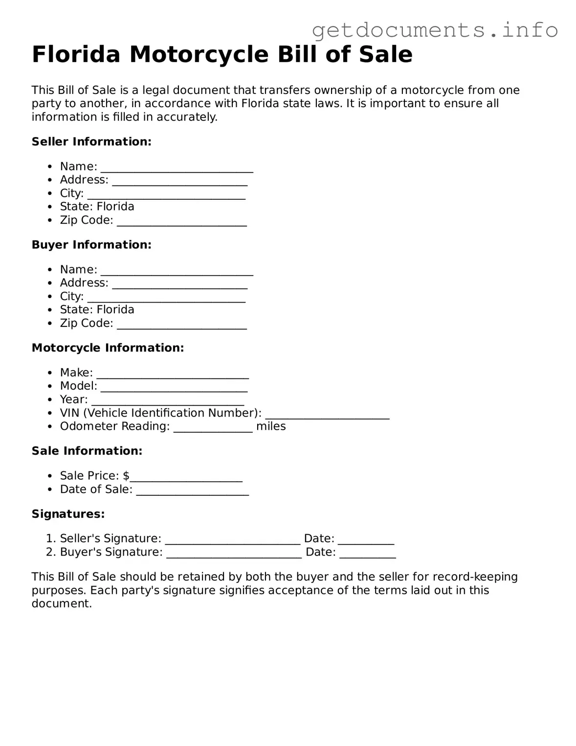 Free Motorcycle Bill of Sale Template for Florida
