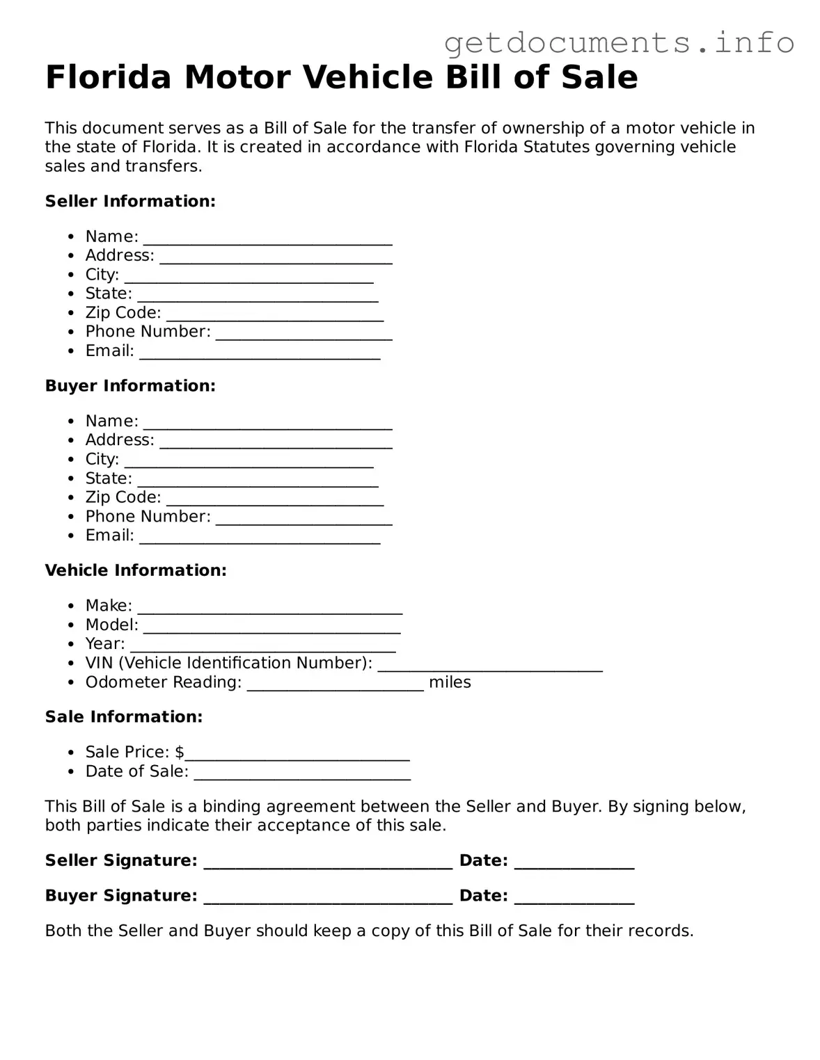 Free Motor Vehicle Bill of Sale Template for Florida