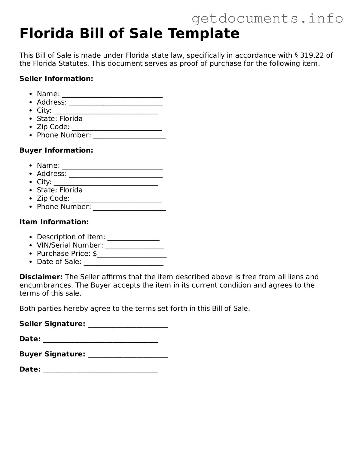 Free Bill of Sale Template for Florida