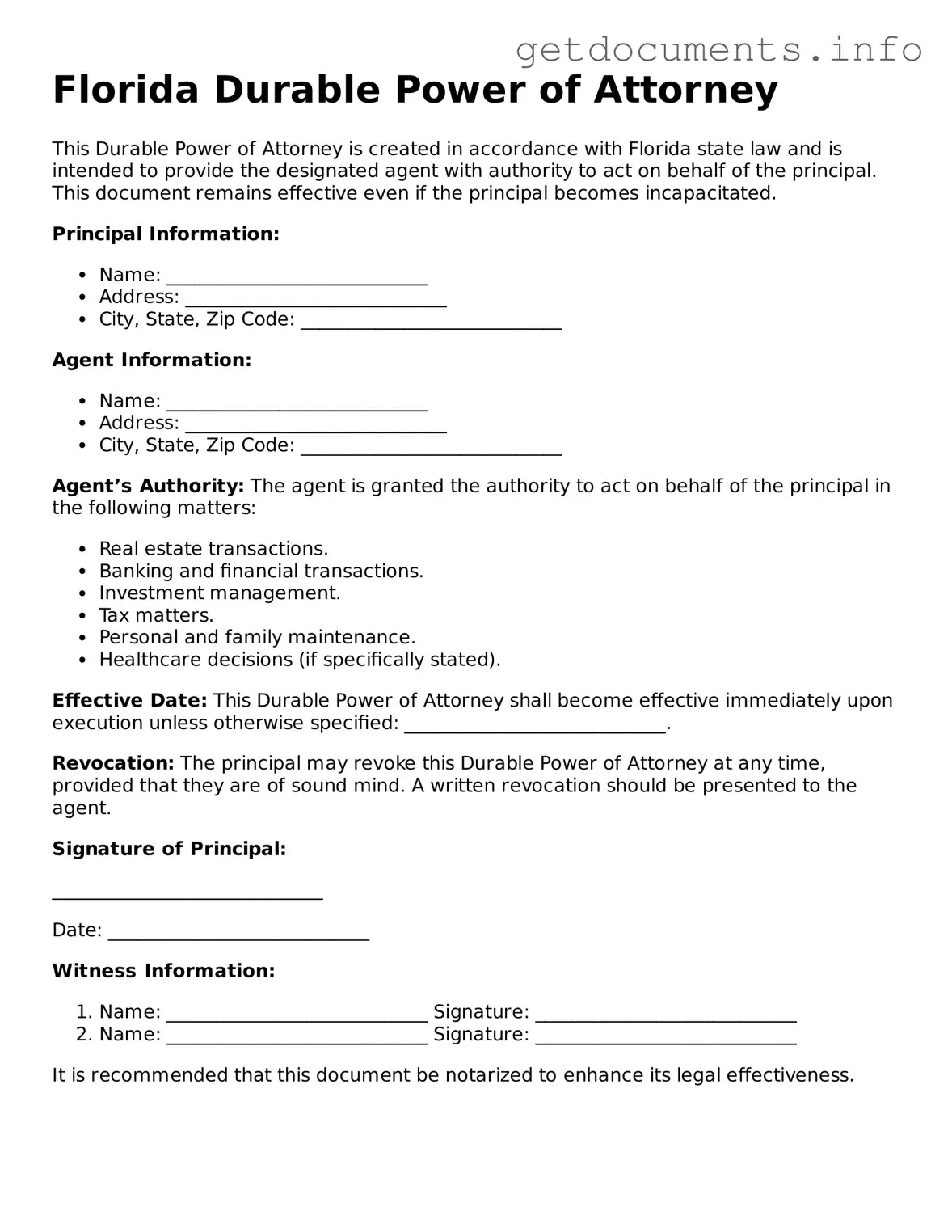 Free Durable Power of Attorney Template for Florida