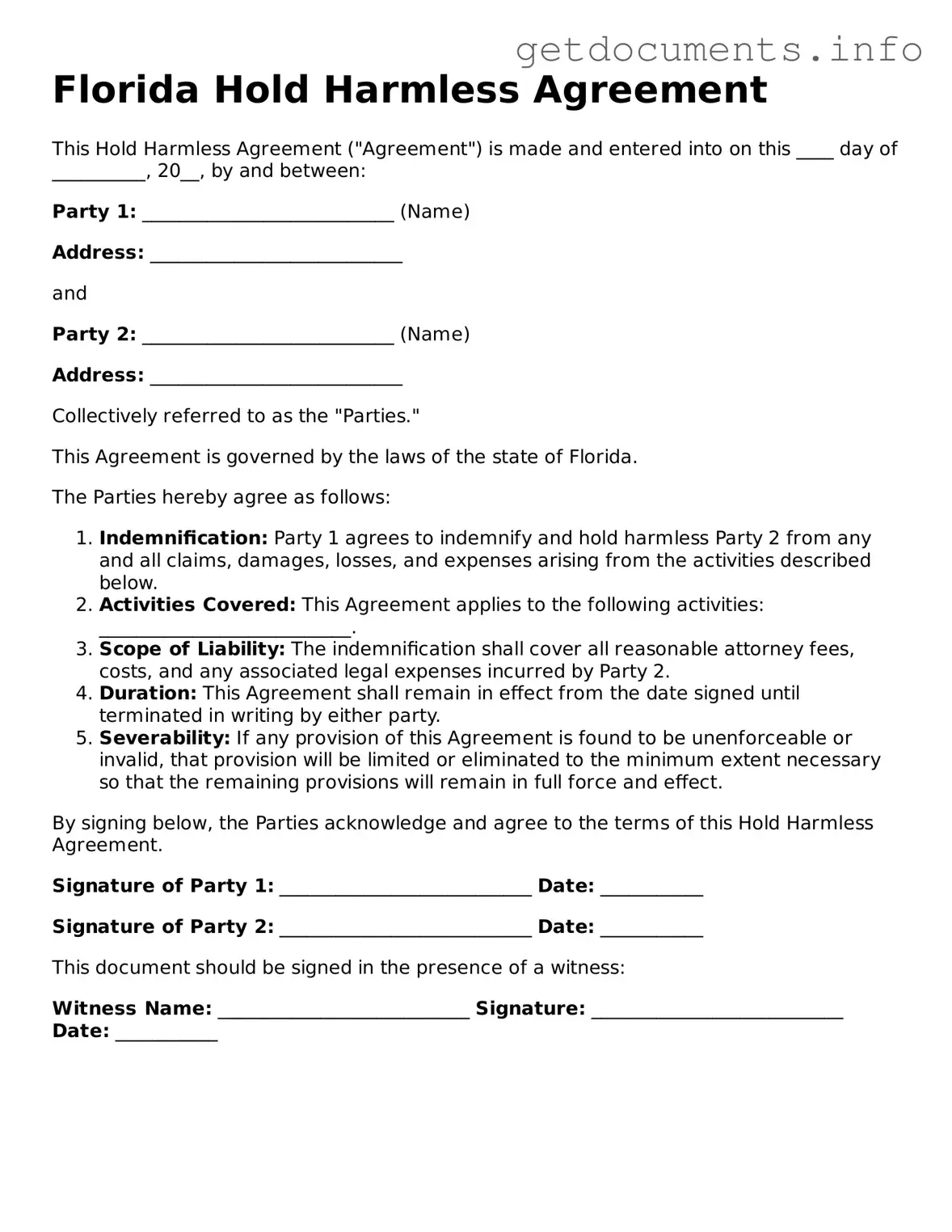 Free  Hold Harmless Agreement Template for Florida