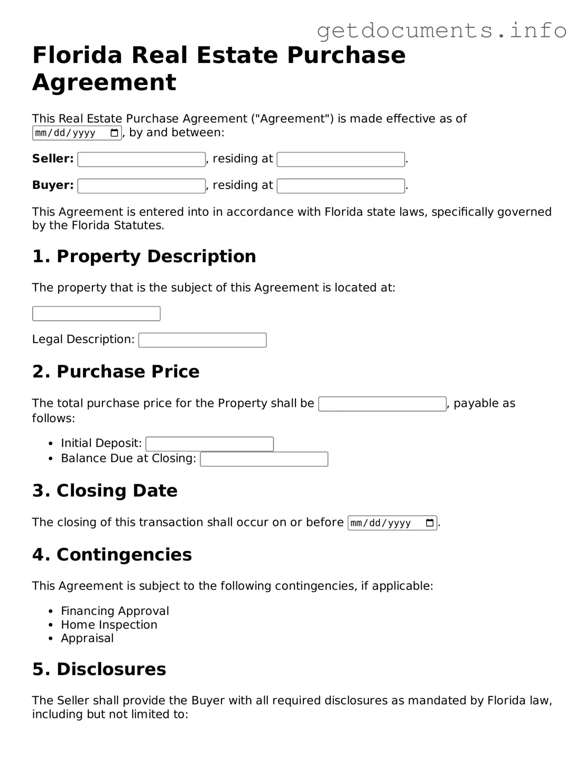 Free  Real Estate Purchase Agreement Template for Florida