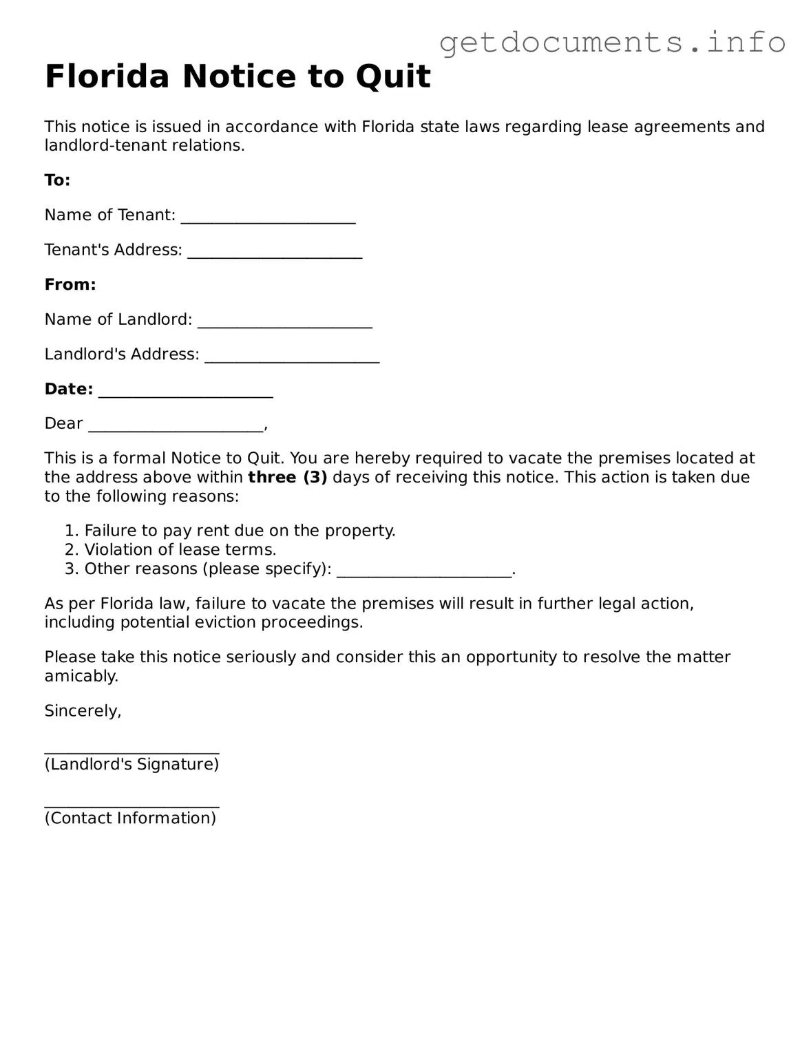 Free  Notice to Quit Template for Florida