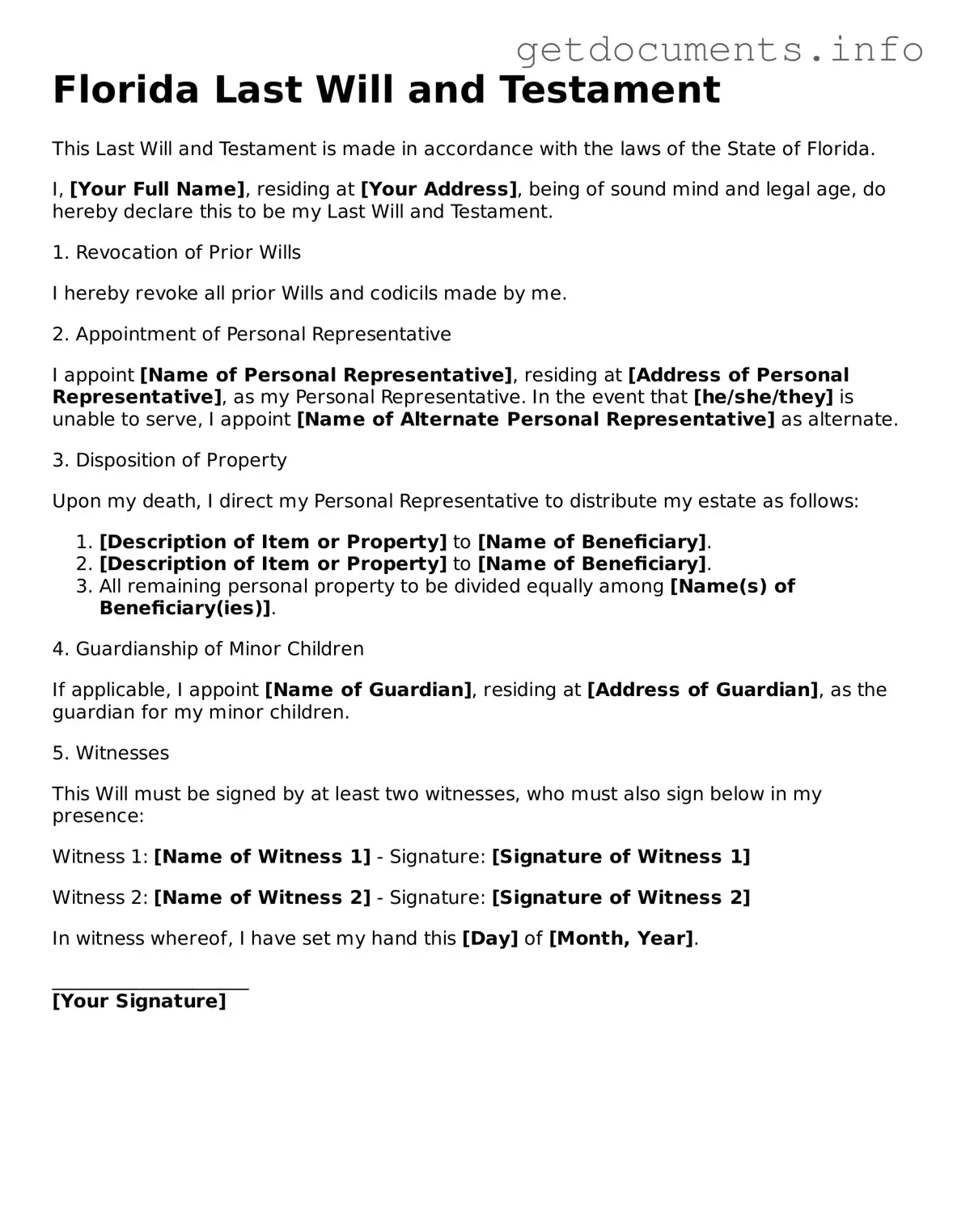 Free Last Will and Testament Template for Florida