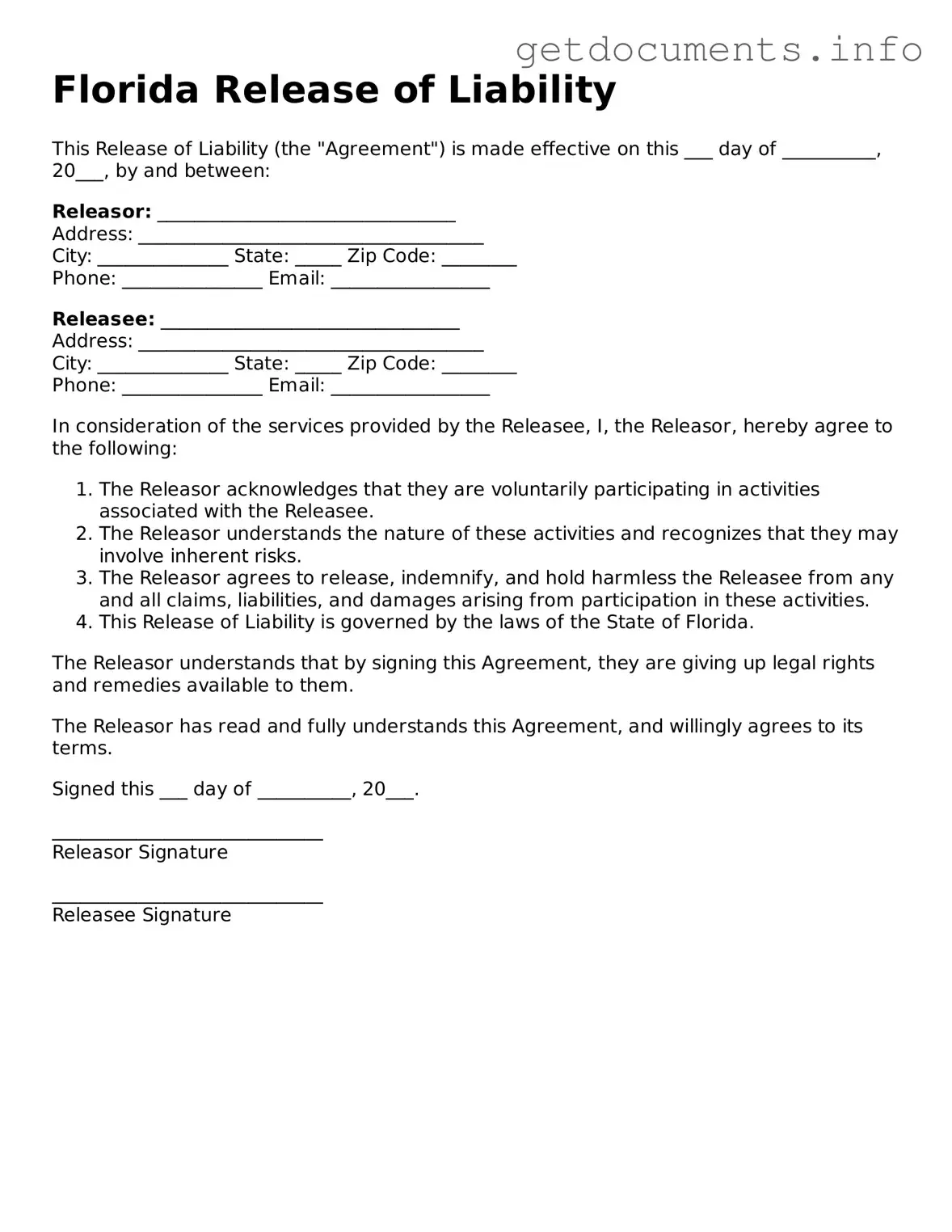 Free Release of Liability Template for Florida
