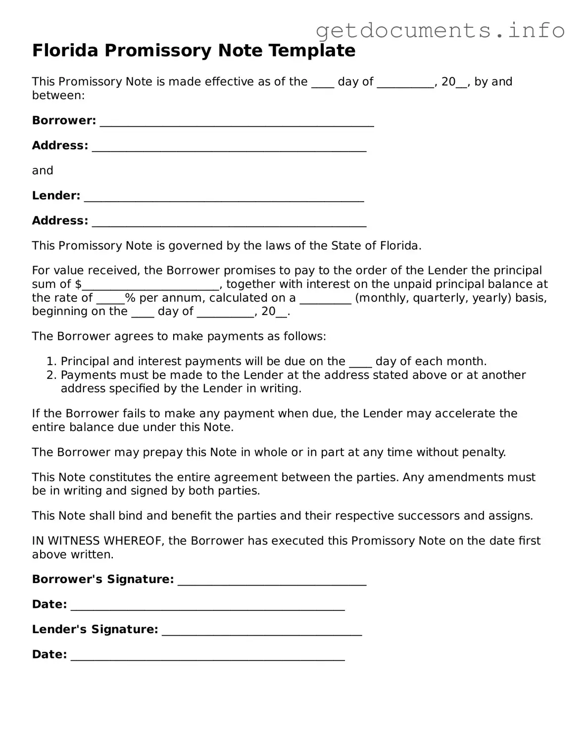 Free  Promissory Note Template for Florida