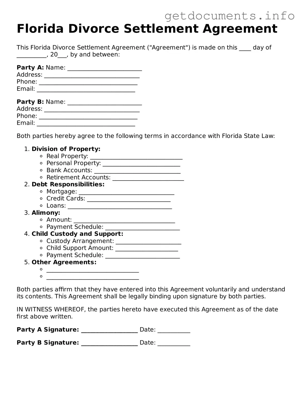 Free Divorce Settlement Agreement Template for Florida
