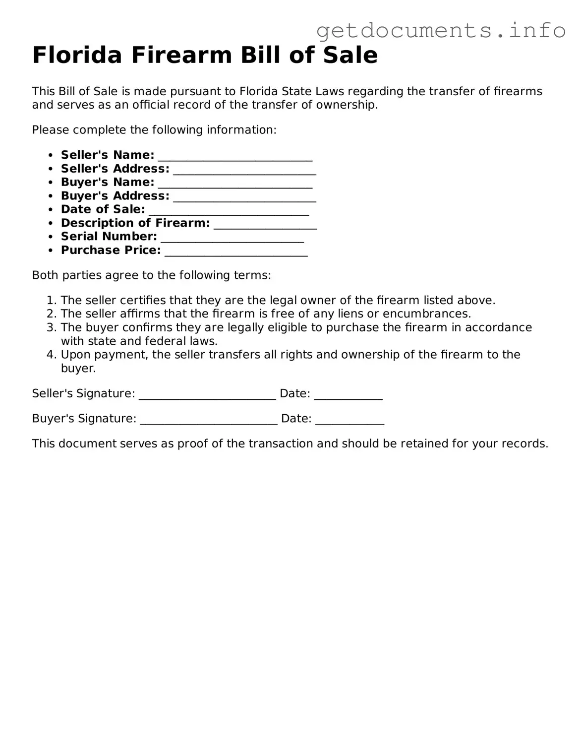 Free  Firearm Bill of Sale Template for Florida